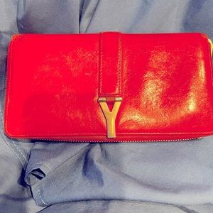 Vintage SAINT LAURENT LIGNE Y 314991 Women's Leather Long Wallet Red Color